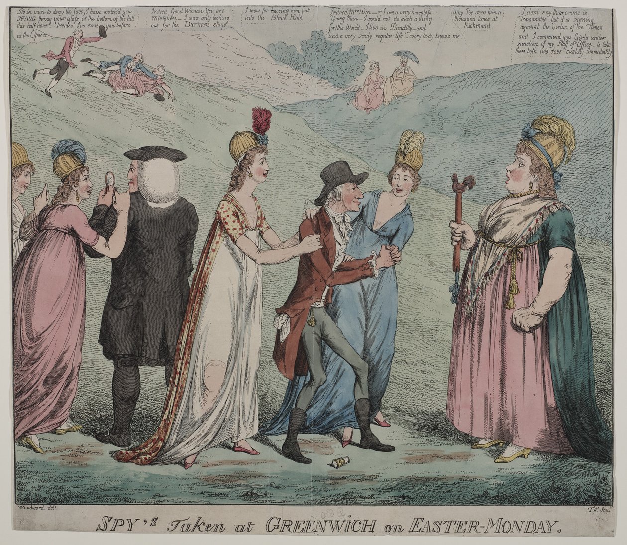 Moeder Windsor met vier van haar courtisanes, beveelt haar meisjes om de bisschop van Durham en de hertog van Queensbury te arresteren, 1798 door George Moutard Woodward