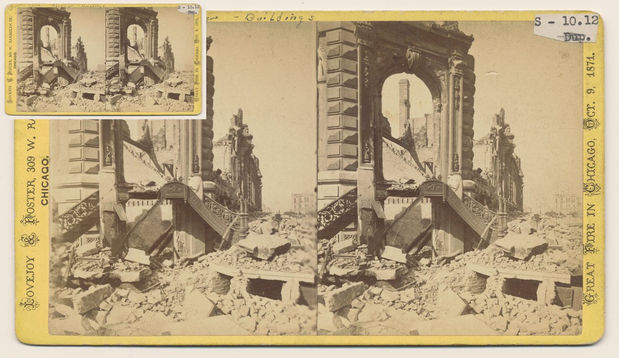 Stereofoto van het Bryan Block op de noordwestelijke hoek van Monroe en LaSalle Streets na de brand van Chicago in 1871, 1871 door George N. Barnard