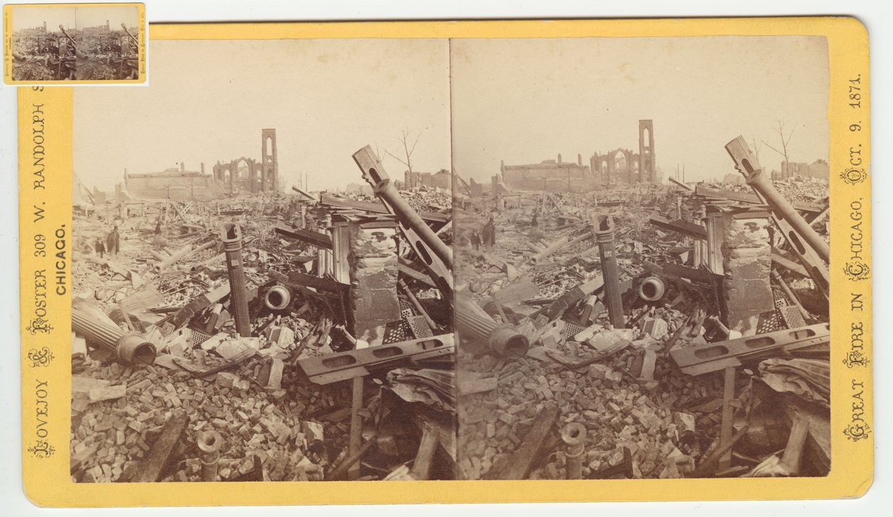 Stereofoto van de ruïnes van de Mammoth Store van Field & Leiter na de brand van Chicago in 1871, 1871 door George N. Barnard