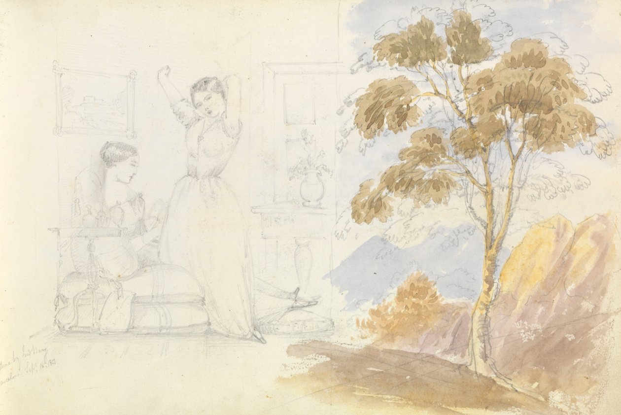 Schets van twee jonge vrouwen, een zittend en lezend de ander zich uitrekkend en geeuwend (getekend door Lord Bury) met een tekening van een boom ernaast door George Pechell Mends