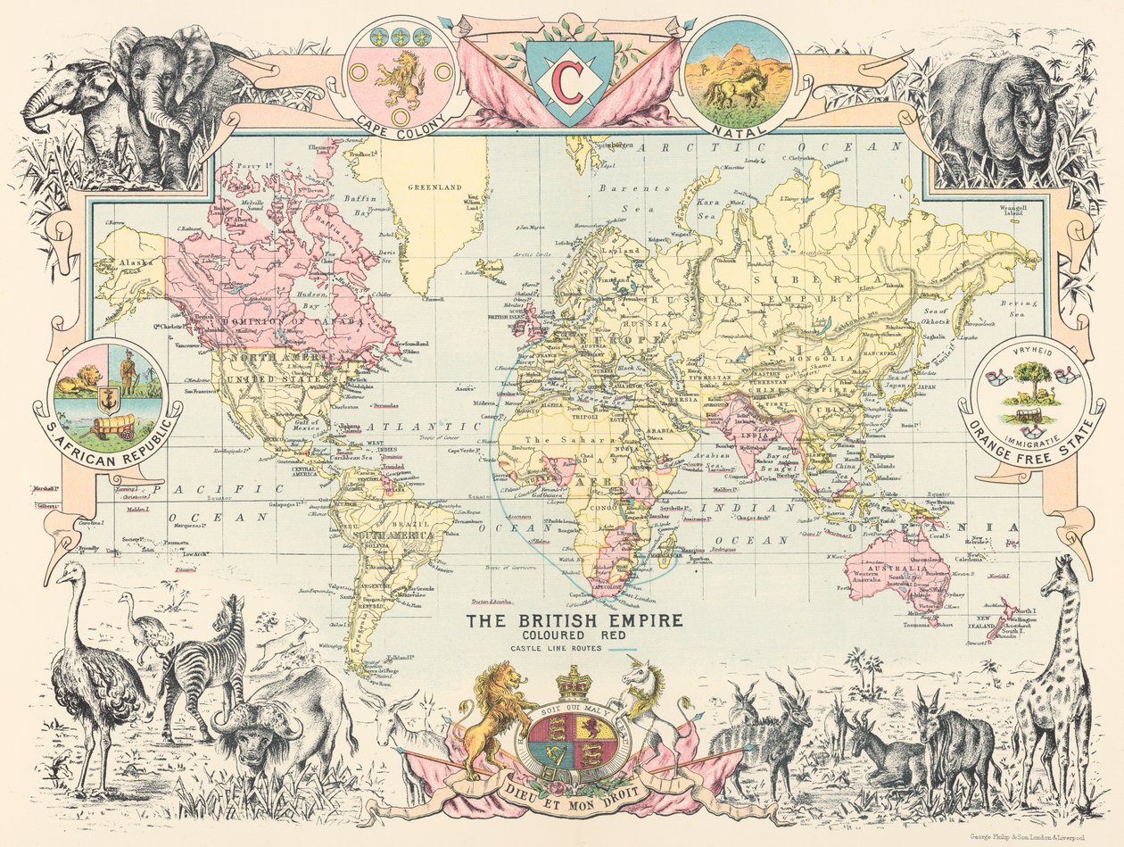 Kaart van het Britse wereldrijk, uit Castle Line Atlas van Zuid-Afrika door George Philip