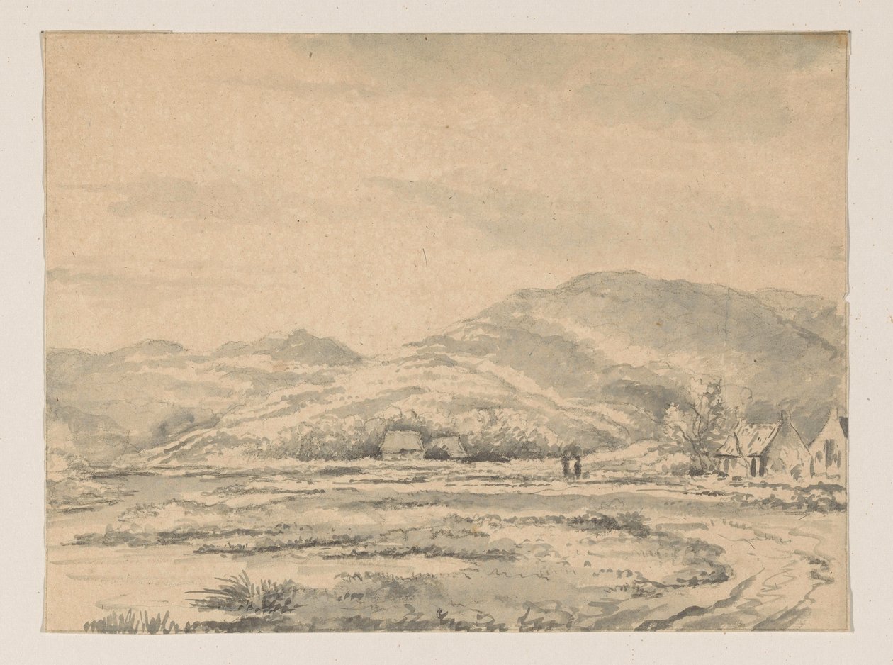 Heuvellandschap met enkele huizen en links een rivier door George Pieter Westenberg