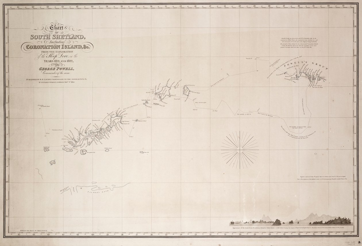 Kaart van Zuid-Shetland inclusief Coronation Island, van de verkenning van de sloep Dove in de jaren 1821 en 1822 door George Powell, commandant van dezelfde door George Powell