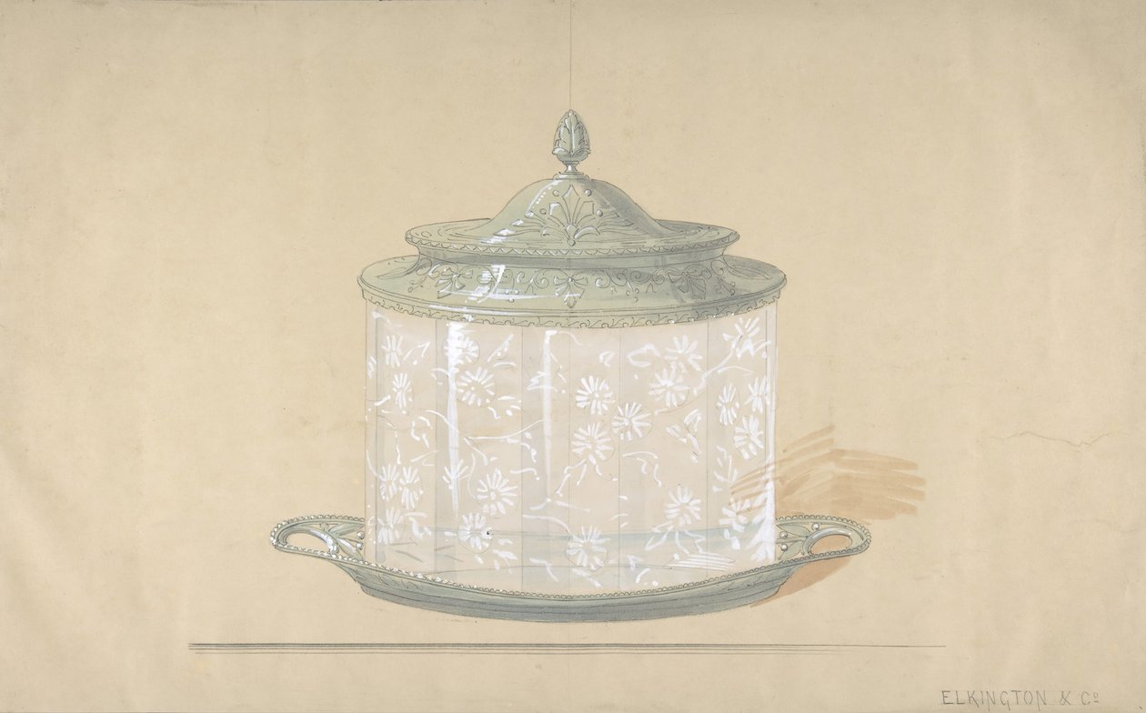 Ontwerp voor een glazen doos met een zilveren basis en deksel, 1820-65 door George Richards Elkington