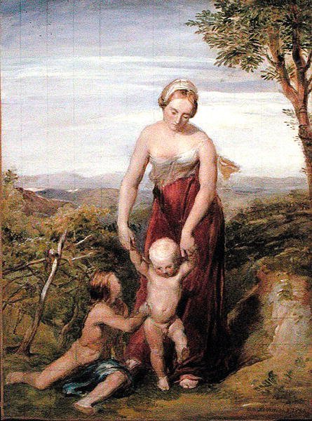 Een Vrouw met Twee Kinderen in een Heuvelachtig Landschap door George Richmond