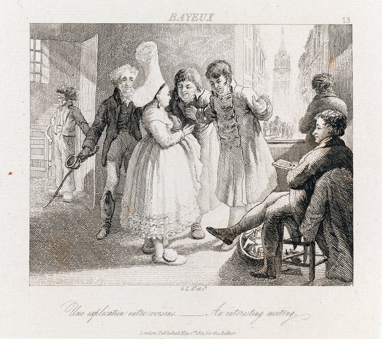 Interessante ontmoeting - Bayeux, c.1821 (ets) door George Robert Lewis