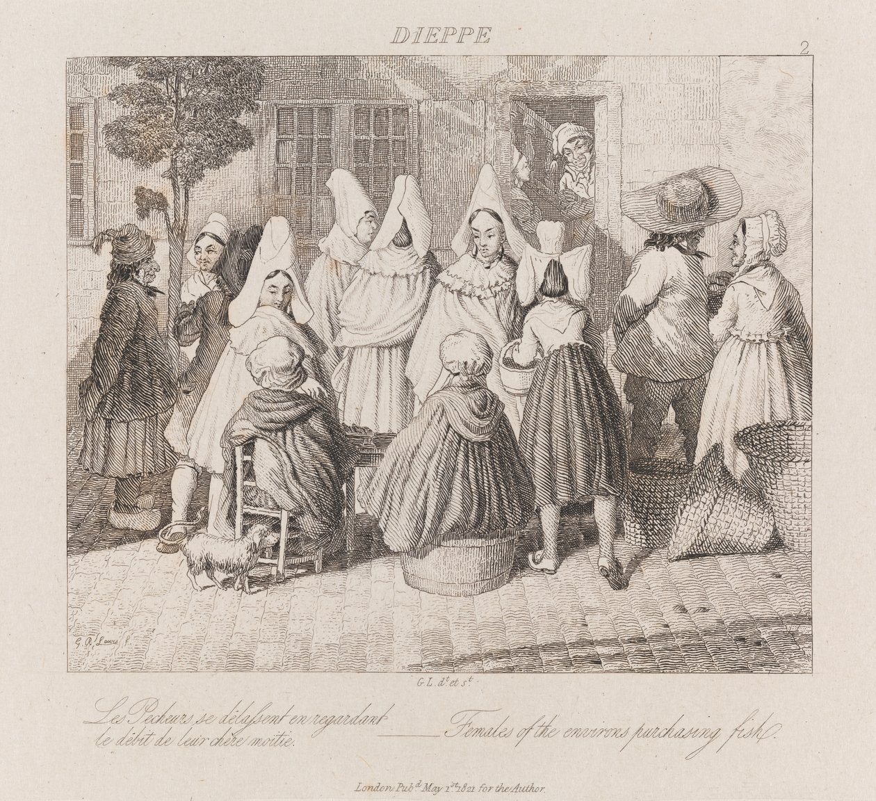 Vrouwen die vis kopen, Dieppe, ca. 1821 (ets) door George Robert Lewis