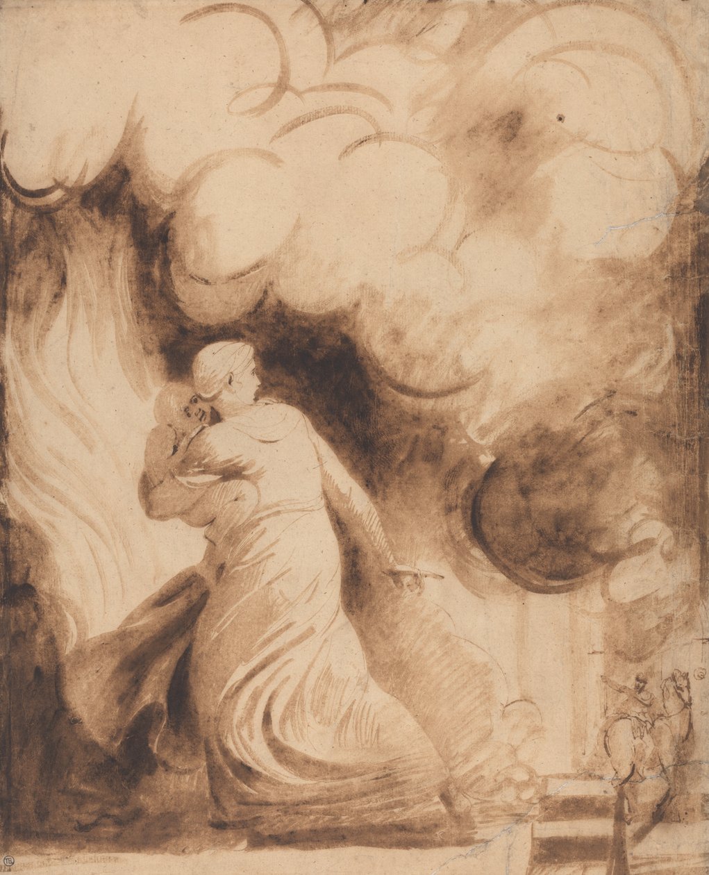 Een moeder met haar kind in haar armen vliegend op de wallen van een stad in vlammen (Lady Hamilton als "Andromache" die ontsnapt uit de brand van Troje; Het vuur) door George Romney