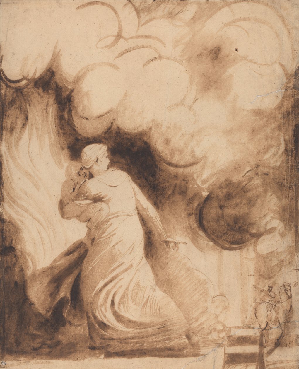 Een moeder met haar kind in haar armen, zwevend boven de vestingmuren van een stad in vlammen door George Romney