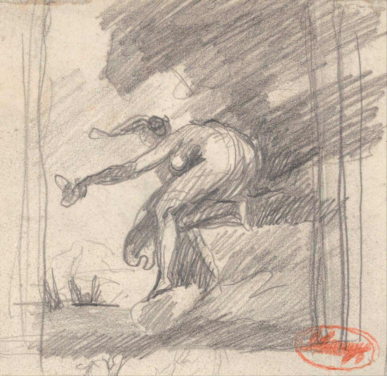 Vrouwelijke figuur knielend op een kaap, zwaaiend door George Romney