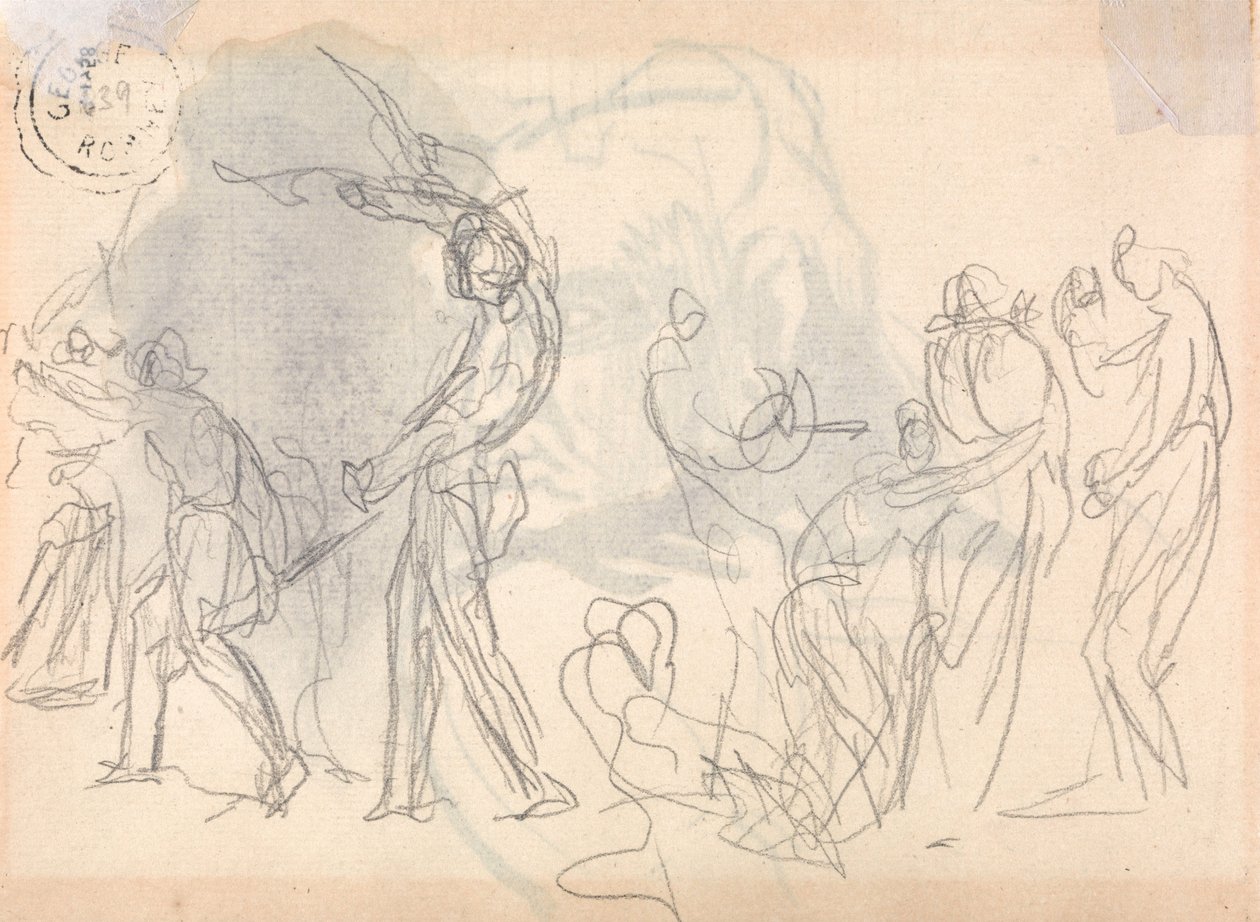Studie naar figuurcompositie: mannen die een aanval op hun gezinnen afslaan door George Romney