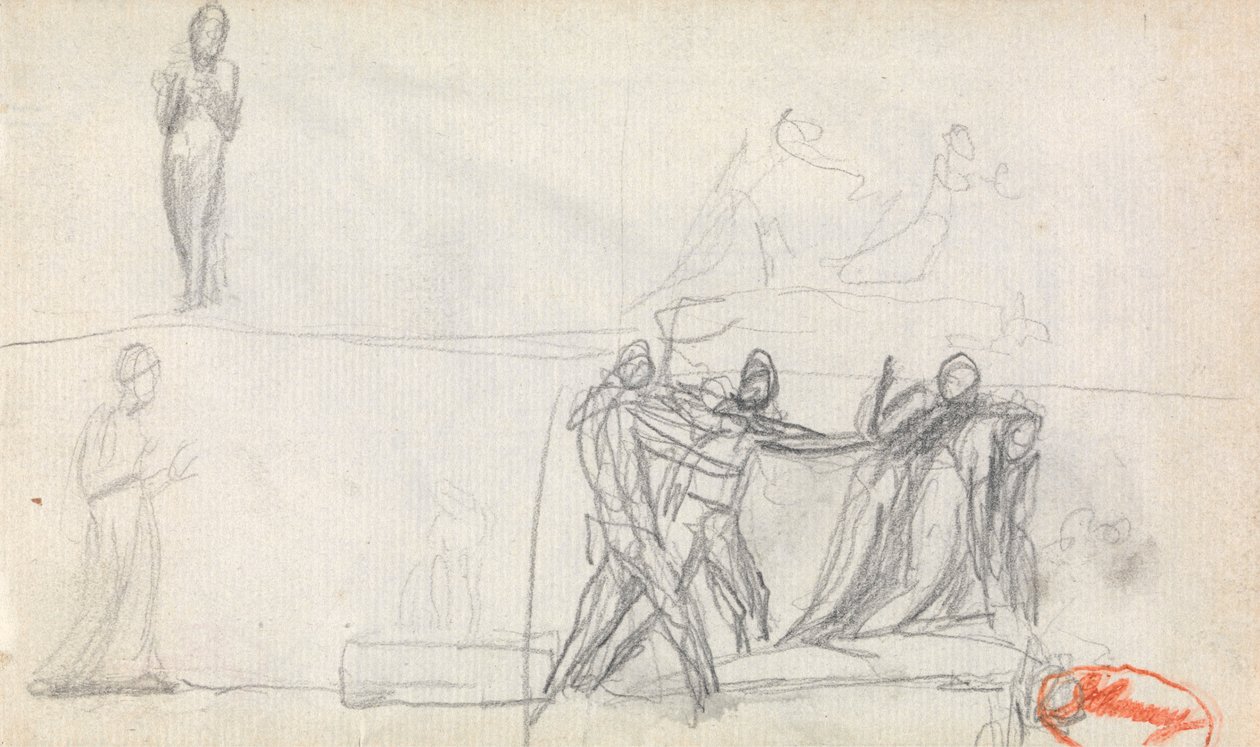 Groepsscène en twee schetsen van een staande figuur door George Romney