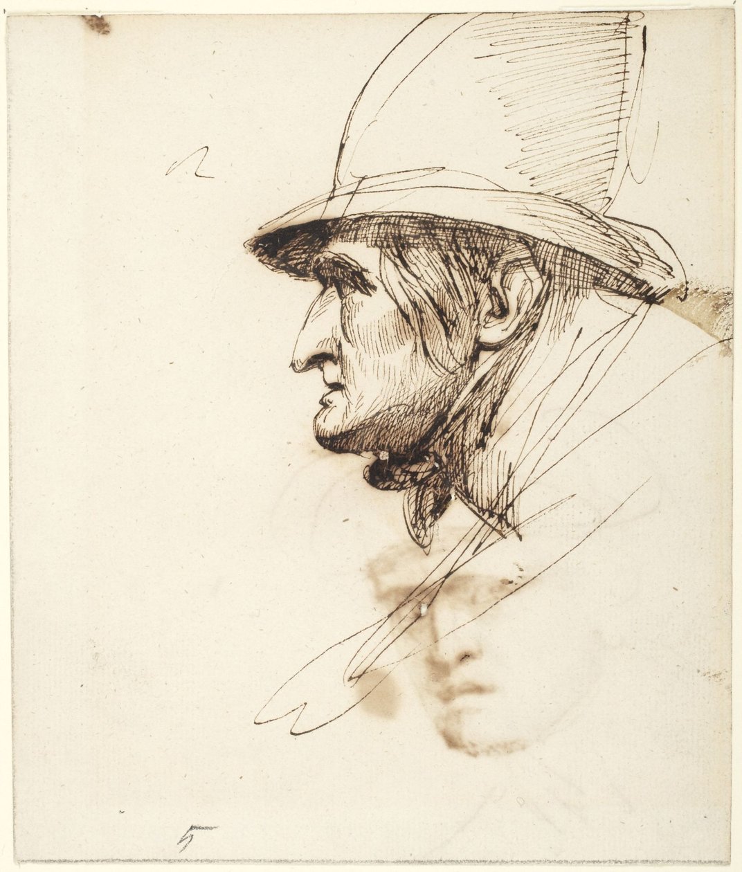 Hoofd van een man in profiel met een grote hoed op door George Romney
