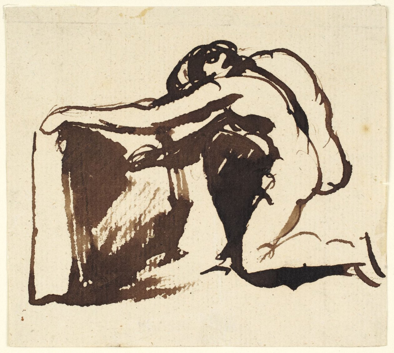 Een naakte figuur die op één knie zit en op een grote tablet schrijft door George Romney