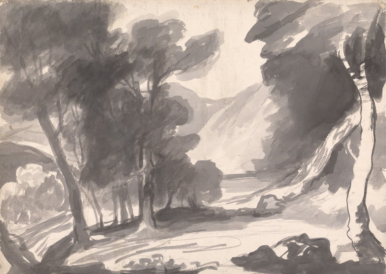 Landschapsstudie: bosje, meer en bergen door George Romney