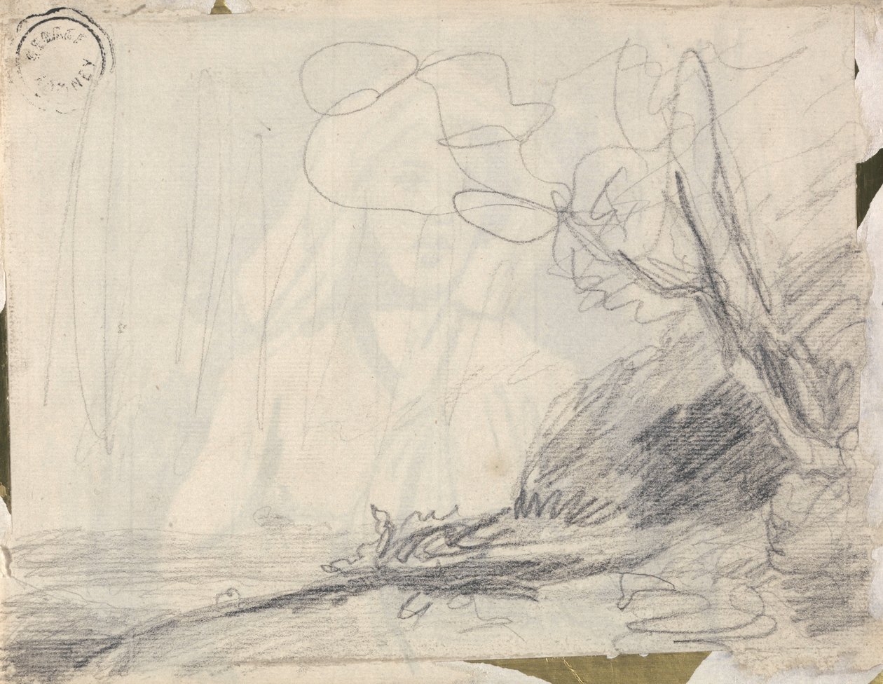 Landschapsstudie voor ‘Titania’s gevolg jaagt op vleermuizen’ door George Romney