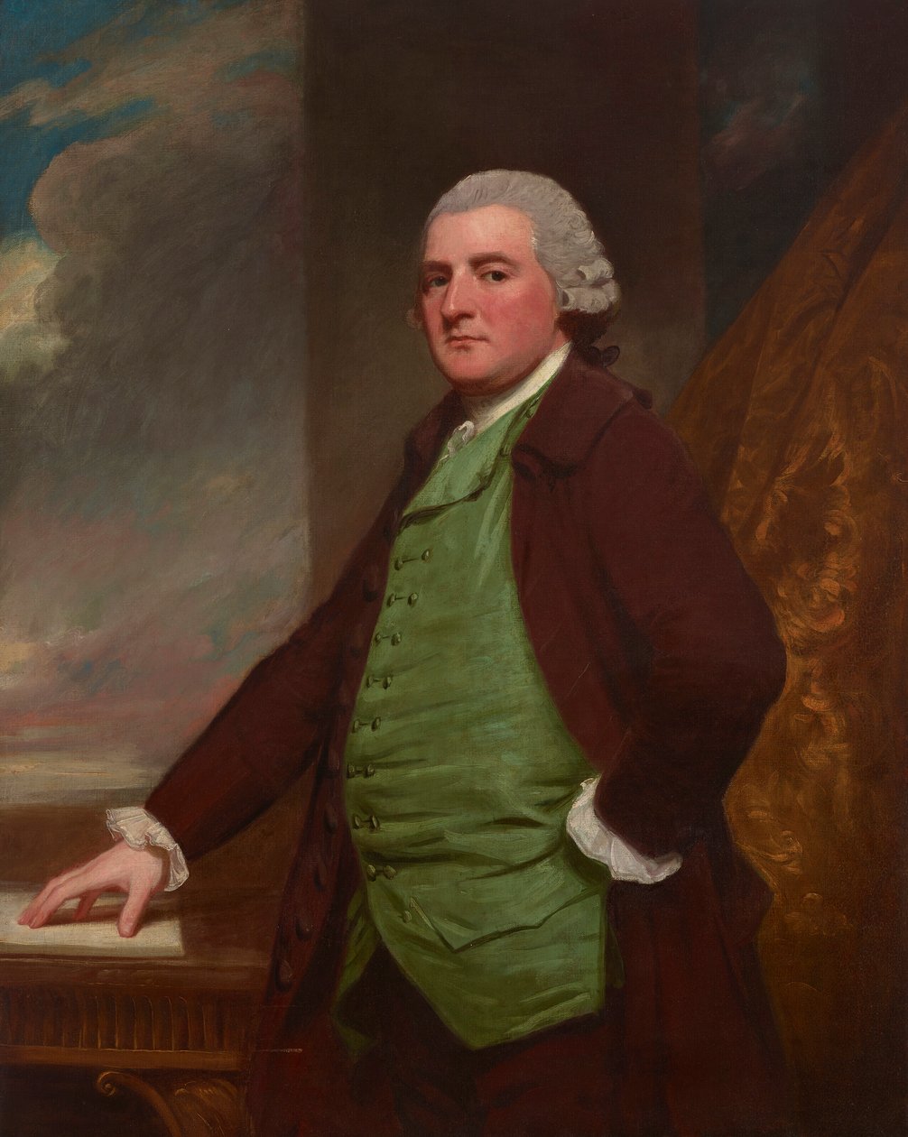 Portret van James Cross uit Clifton, Bristol (1739-1791), driekwartlengte, aan een tafel met daarachter een landschap door George Romney