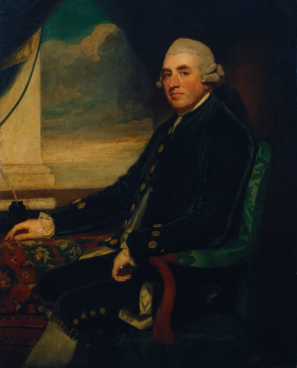 Portret van de Eerste Graaf van Farnham, zittend, driekwart lengte, bij een open raam door George Romney