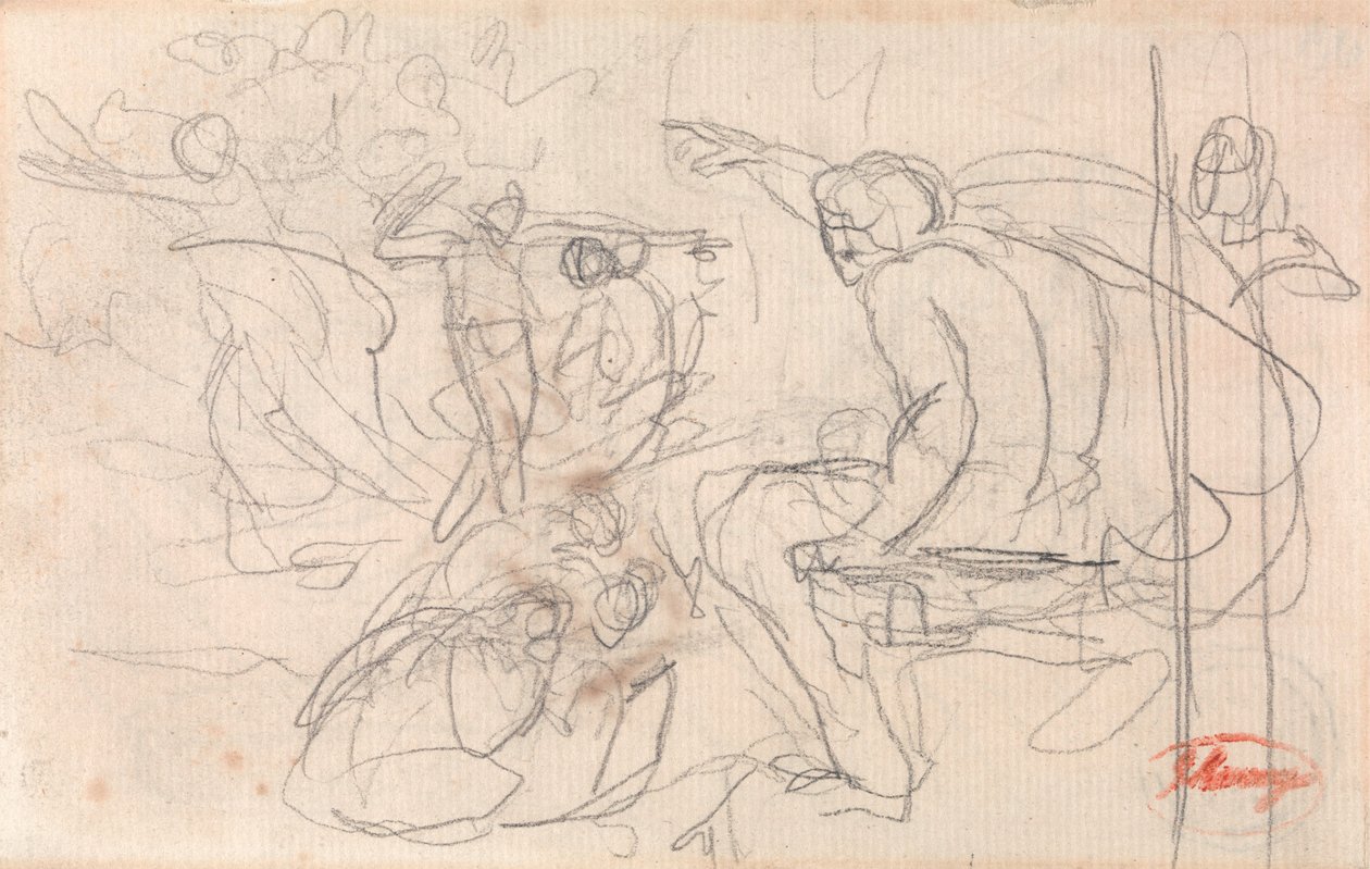 Zittende figuur die een vonnis uitspreekt over een knielende figuur door George Romney