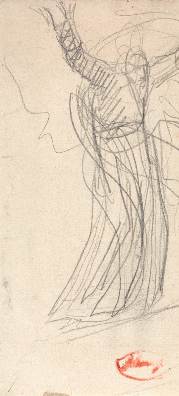 Staande figuur met opgeheven armen, waarschijnlijk Prospero door George Romney