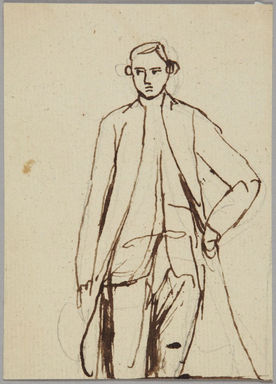 Staand mannelijk figuur, linkerhand op de heup, portretstudie door George Romney