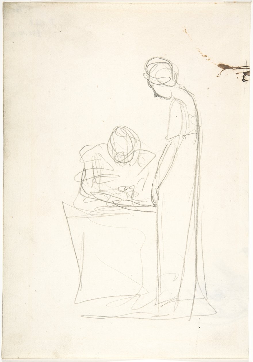 Studie van twee figuren: de ene zittend, de andere staand (recto). Studie van een omhoogkijkend hoofd (verso) door George Romney