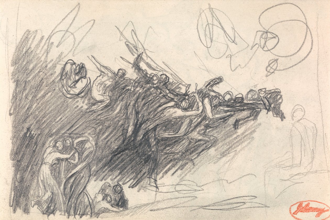 De drie Gratiën en demonen die Christus bespotten in „De verzoeking van Christus“ door George Romney