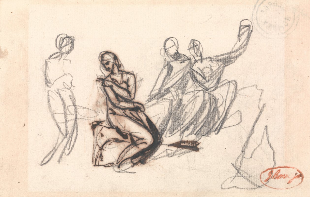 Drie zittende en een staande figuur door George Romney