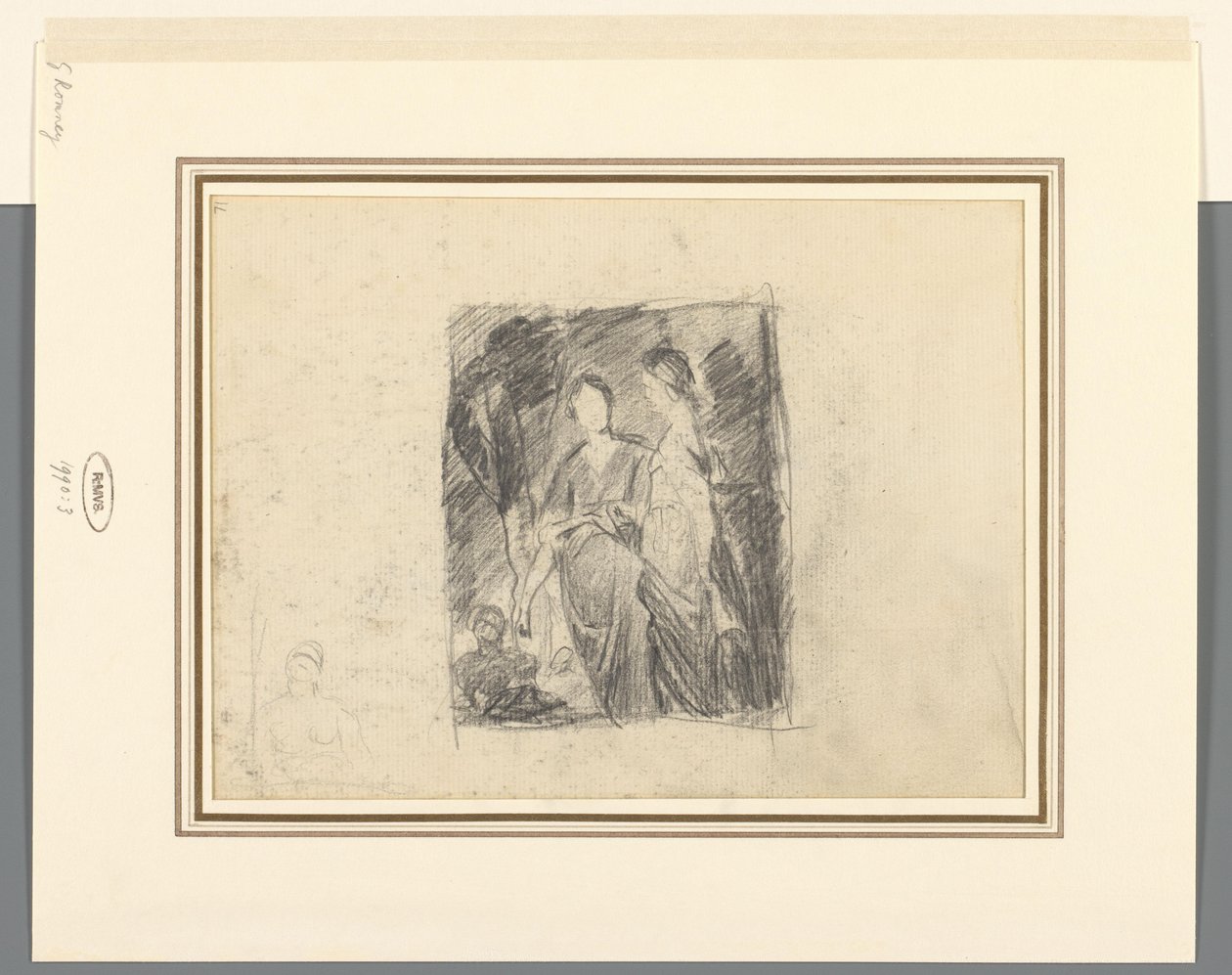 Twee vrouwenfiguren tussen bomen door George Romney