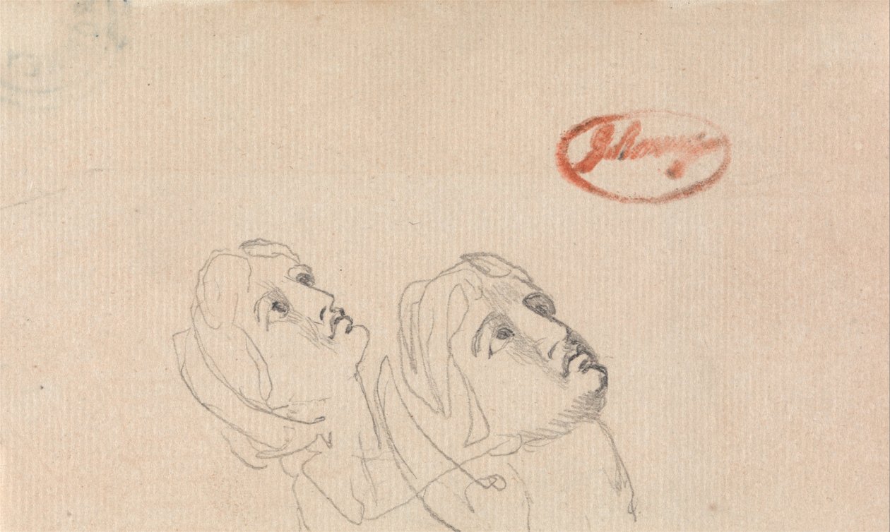 Twee hoofden kijken omhoog door George Romney