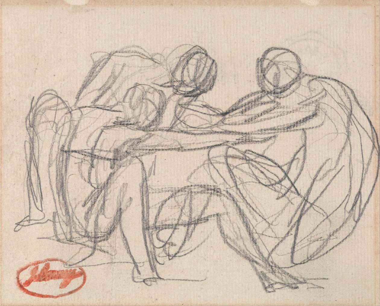 Twee geknielde figuren worstelen met een zittende figuur door George Romney