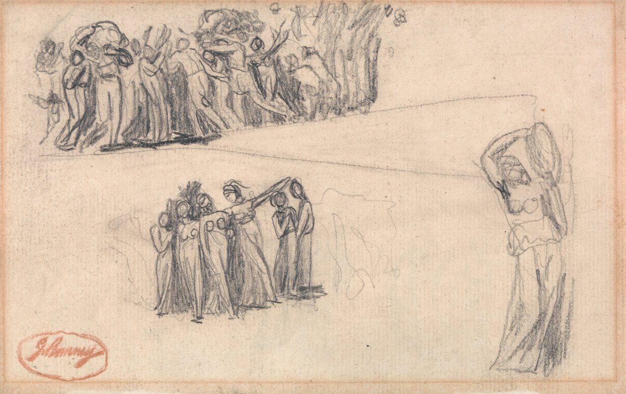 Twee schetsen van vluchtende vrouwen en kinderen en een staande vrouwelijke figuur die tamboerijn speelt zoals voor Lady Anne Leveson in "Dancing Gower Children". door George Romney