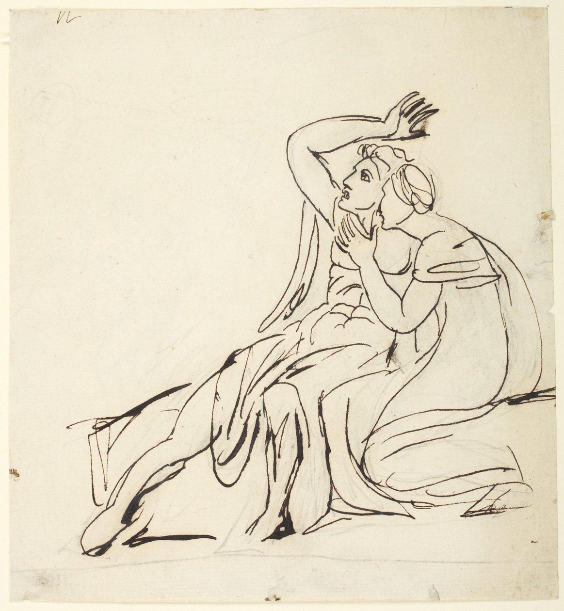 Twee zittende figuren; achterzijde: studiecomposities met drie figuren door George Romney