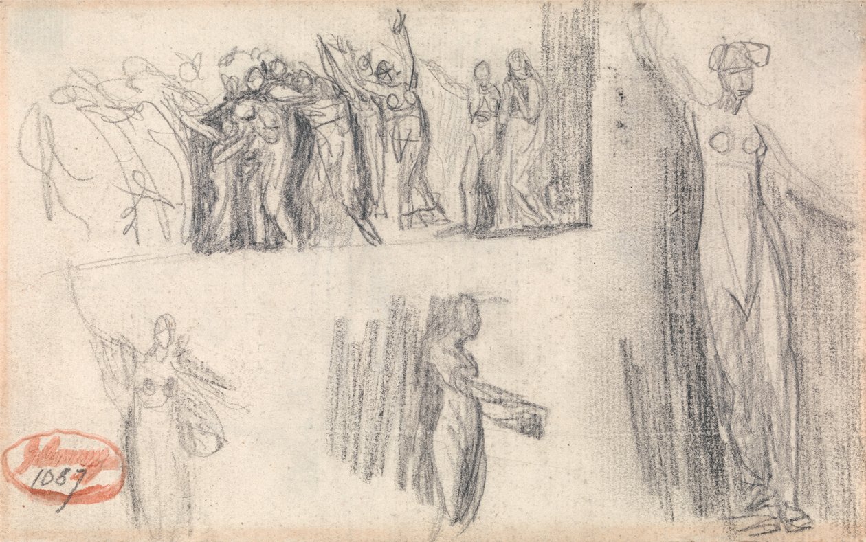 Vluchtende vrouwen en kinderen en drie schetsen van een staande vrouwenfiguur door George Romney