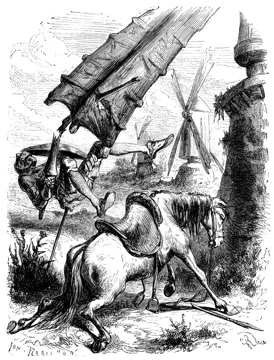 Strijd tegen de molens: Don Quichot en Rossinante worden op de grond gegooid door de vleugel van een molen door George Roux