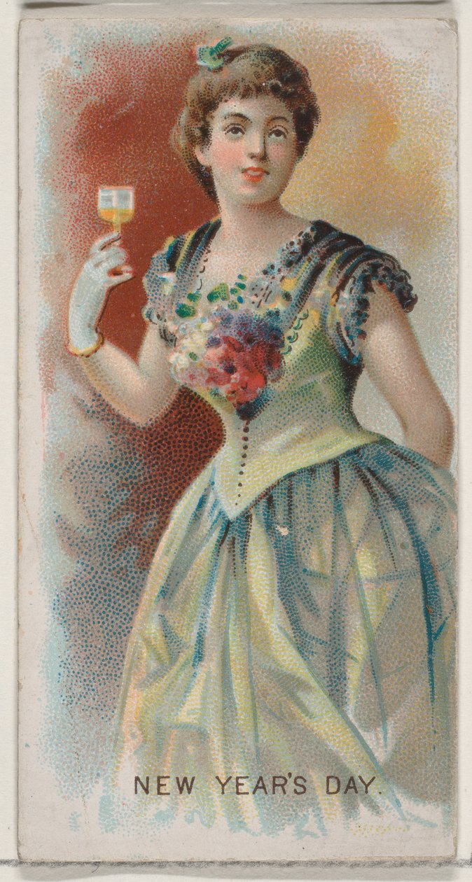 Nieuwjaarsdag, Verenigde Staten, uit de Feestdagenserie N80 voor Duke sigarettenmerk, 1890 door George S. Harris and Sons