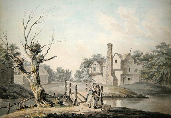Rustieke figuren die een brug oversteken bij een boerderij door George Samuel