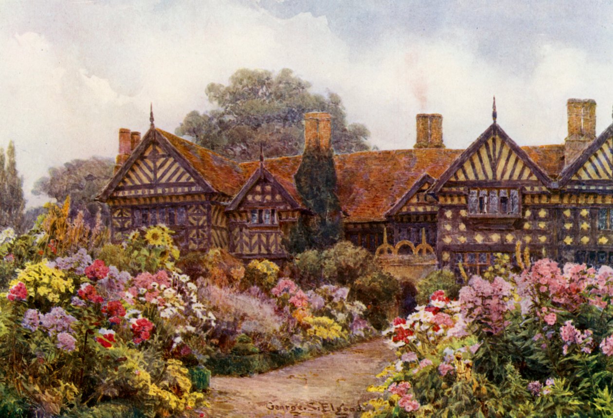 Speke Hall, Lancashire (kleurenlitho) door George Samuel Elgood