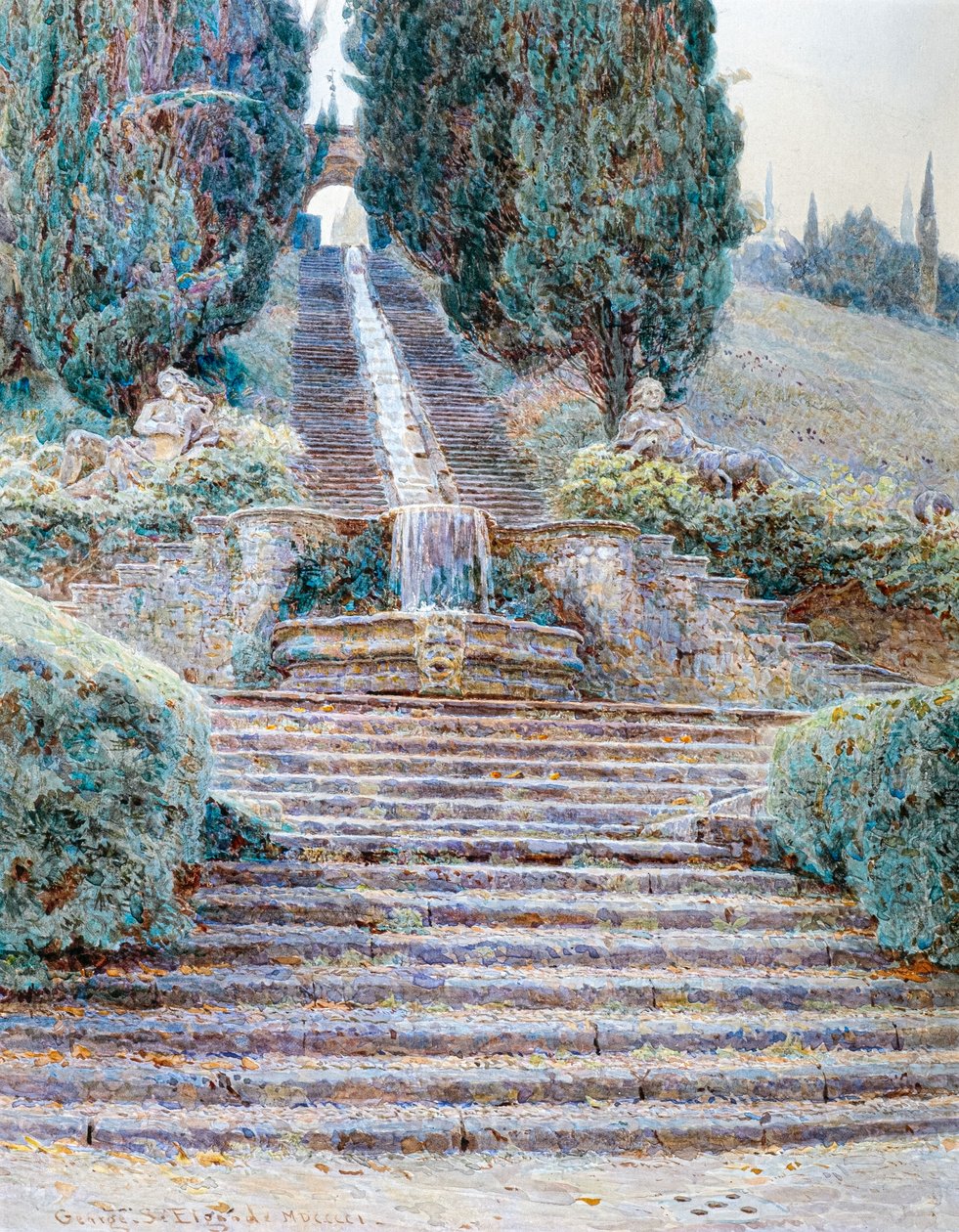 De waterval bij Villa Cicogna, Italië door George Samuel Elgood