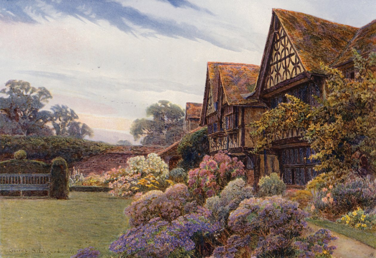 Het voorplein, Great Tangley Manor, Surrey (kleurenlitho) door George Samuel Elgood
