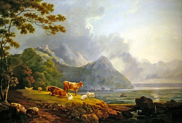 Een uitgestrekt landschap met schapen en koeien door George Senior Barrett