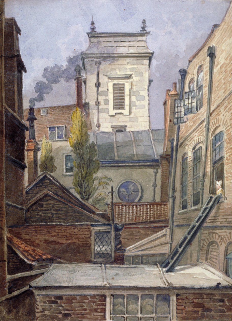 De toren van de kerk van St George Botolph Lane, City of London, ca. 1830 door George Shepheard