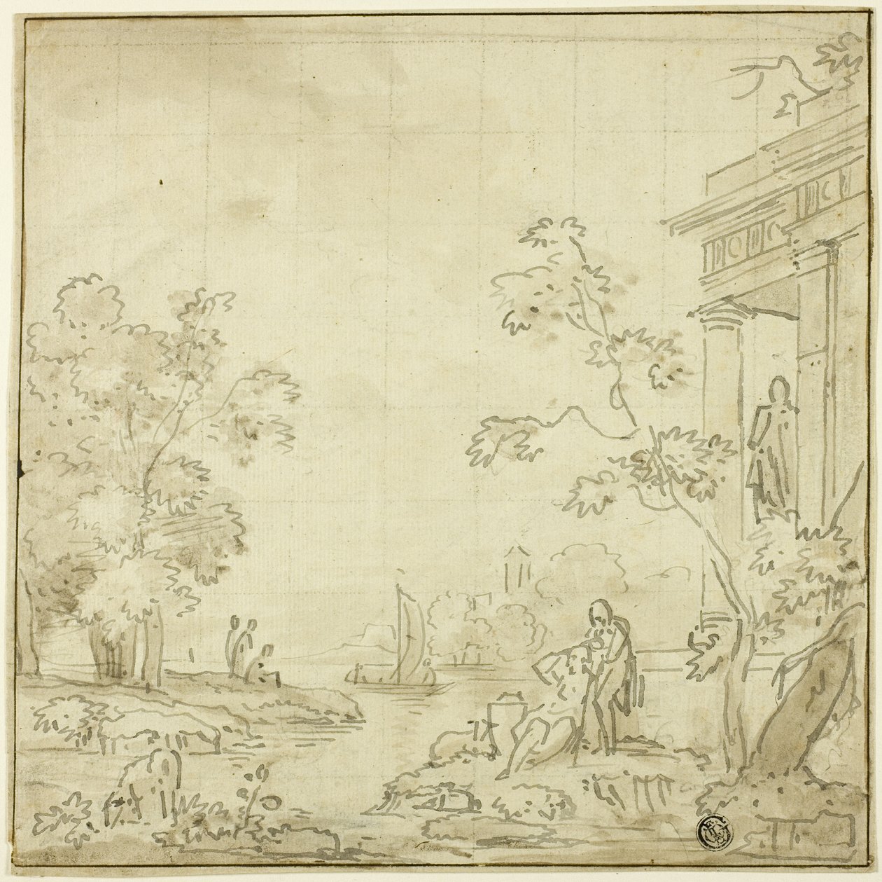 Havengezicht met figuren, Tempel door George Smith of Chichester