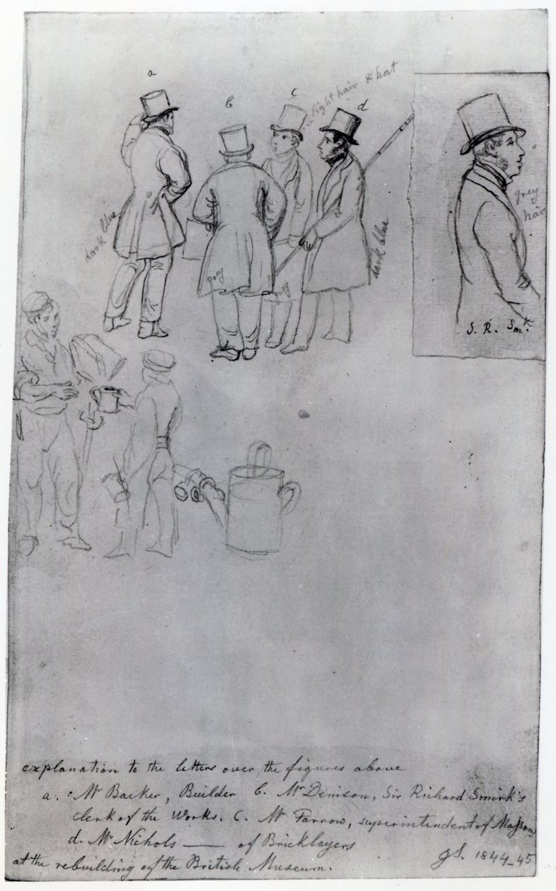 Bouwers en landmeters bij de herbouw van het British Museum, 1844 door George Snr Scharf