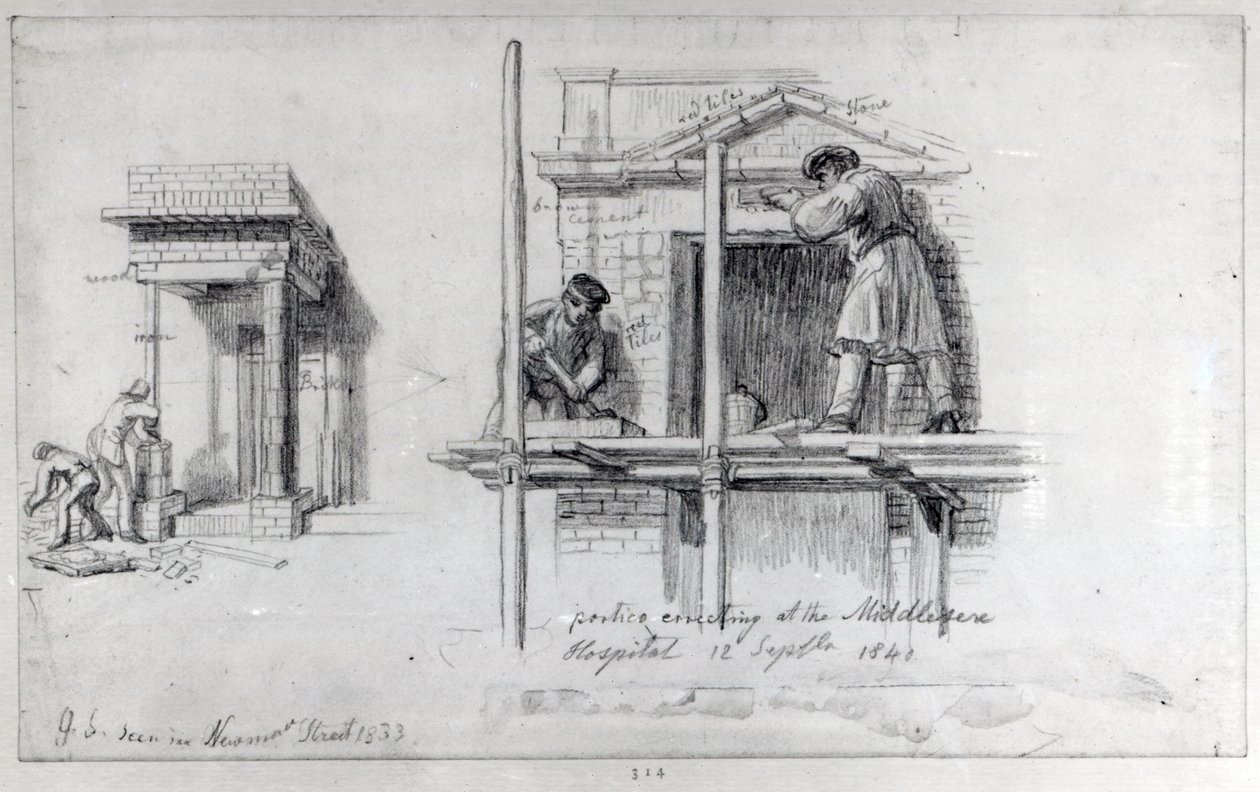 Het oprichten van portieken in Newham Street en Middlesex Hospital, Londen door George Snr Scharf