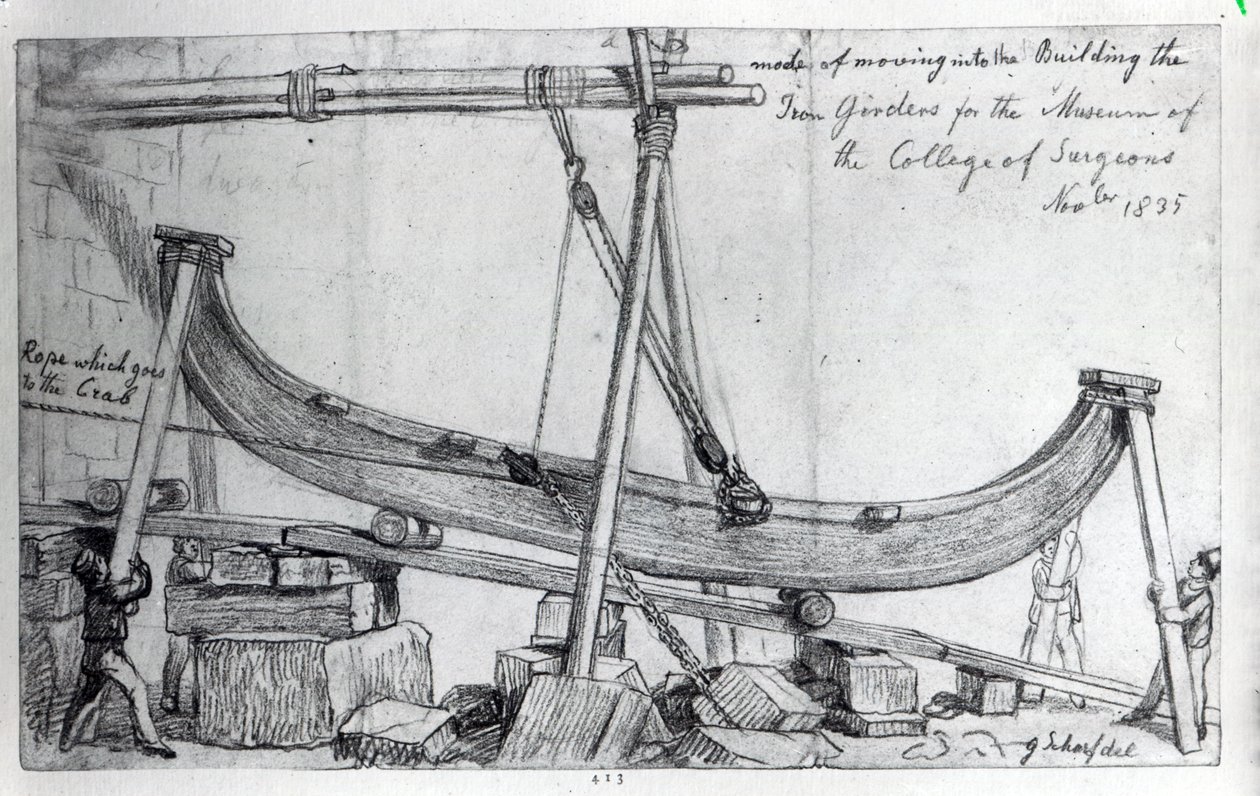 Het verplaatsen van de ijzeren balken die werden gebruikt om het Hunterian Museum bij het Royal College of Surgeons te bouwen, 1835 door George Snr Scharf