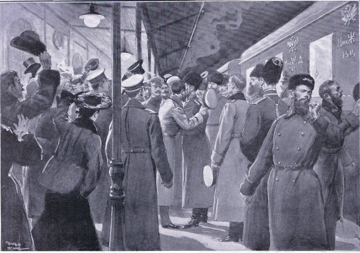 Tsaar neemt afscheid van officieren van de Keizerlijke Garde, illustratie uit Cassells History of the Russo-Japanese War Vol 1, ca. 1900 door George Soper
