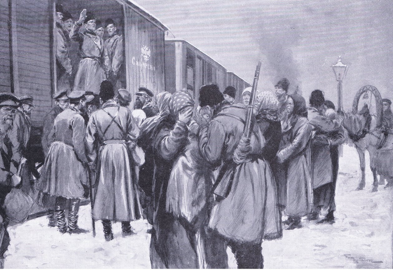 Vertrek van Russische troepen naar het Verre Oosten, illustratie uit Cassells History of the Russo-Japanese War Vol 1, ca. 1900 door George Soper