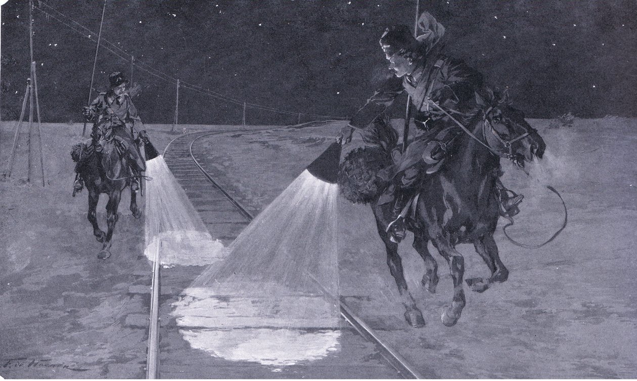 Op een Mantsjoerijse spoorweg: Nachtpatrouille, illustratie uit Cassells History of the Russo-Japanese War Vol 1, ca. 1900 door George Soper