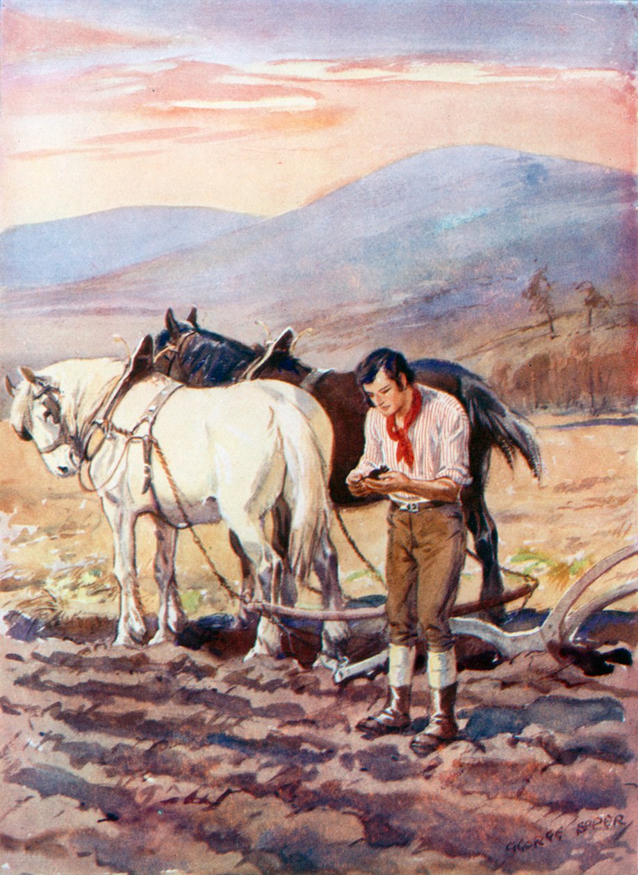 Robert Burns bij de ploeg (kleurenlitho) door George Soper